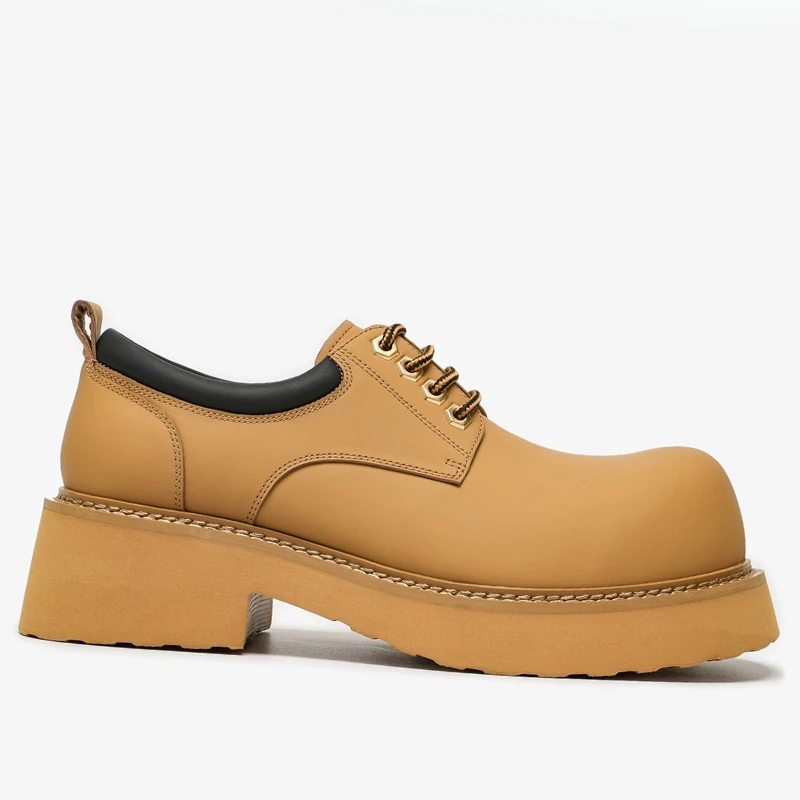 

Желтые мужские туфли дерби из натуральной кожи, женские модельные кожаные туфли с большой головкой, модные повседневные туфли на толстой подошве