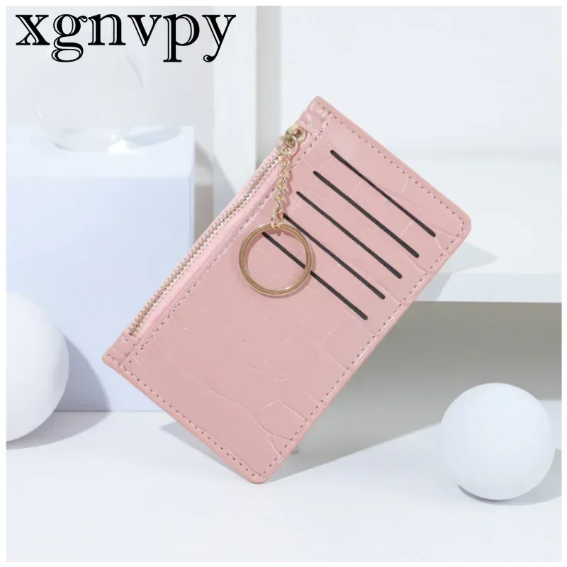 xgnvpy New Women's Card Holder Zipper Multi-Card Bag Lady's Portable Thin Wallet with Key Ring Coin Purse Organizer