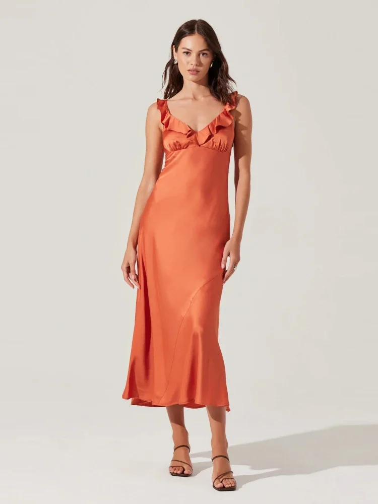 Seksowna Sukienka Midi Bez Rękawów z Dekoltem w Serek i Falbankami Damska Elegancka Letnia Sukienka Bez Pleców w Kwiaty Satynowa Wyszczuplająca Sukienka Wieczorowa Klubowa dla Gwiazd