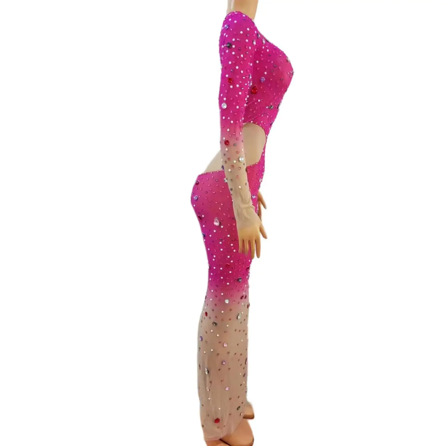 Jianjian Luxury Gradient Fuchsia To Skin Tone Sheer Mesh Crystal Midi Gown Single Long Sleeve Hollow Torso Nightclub Rave Outfit