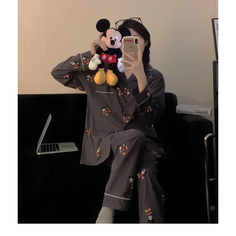 Disney Mickey Mouse Seiden pyjama Damen reine Baumwolle Langarm Cartoon bequeme Revers lose lässig zu Hause Frauen Pyjama