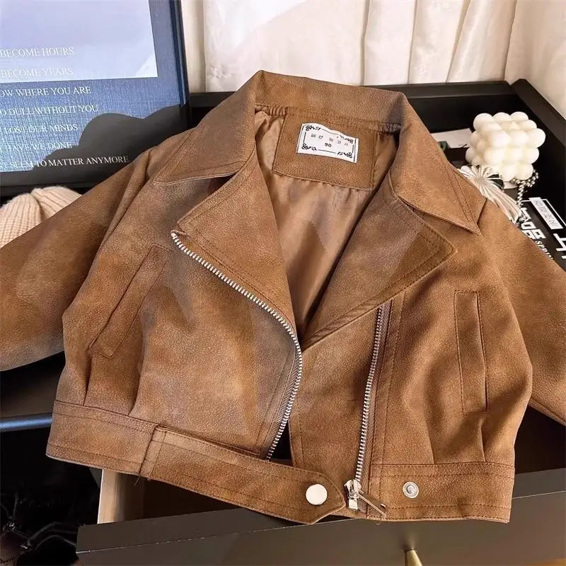 

Spring and Autumn Girls' Leather Jacket New Children's Loose Collar Retro Motorcycle Suit Handsome Coat