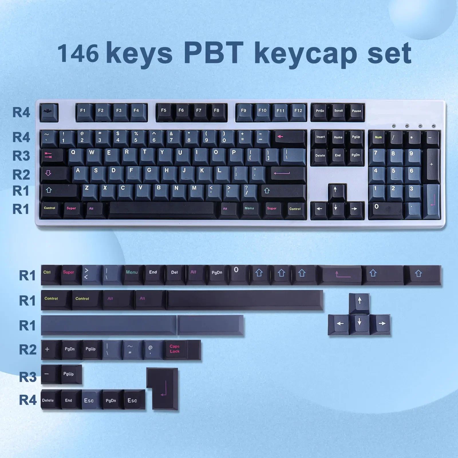 

Keycap 146 keys PBT material Original height Five-sided sublimation process Adapted to mechanical keyboard