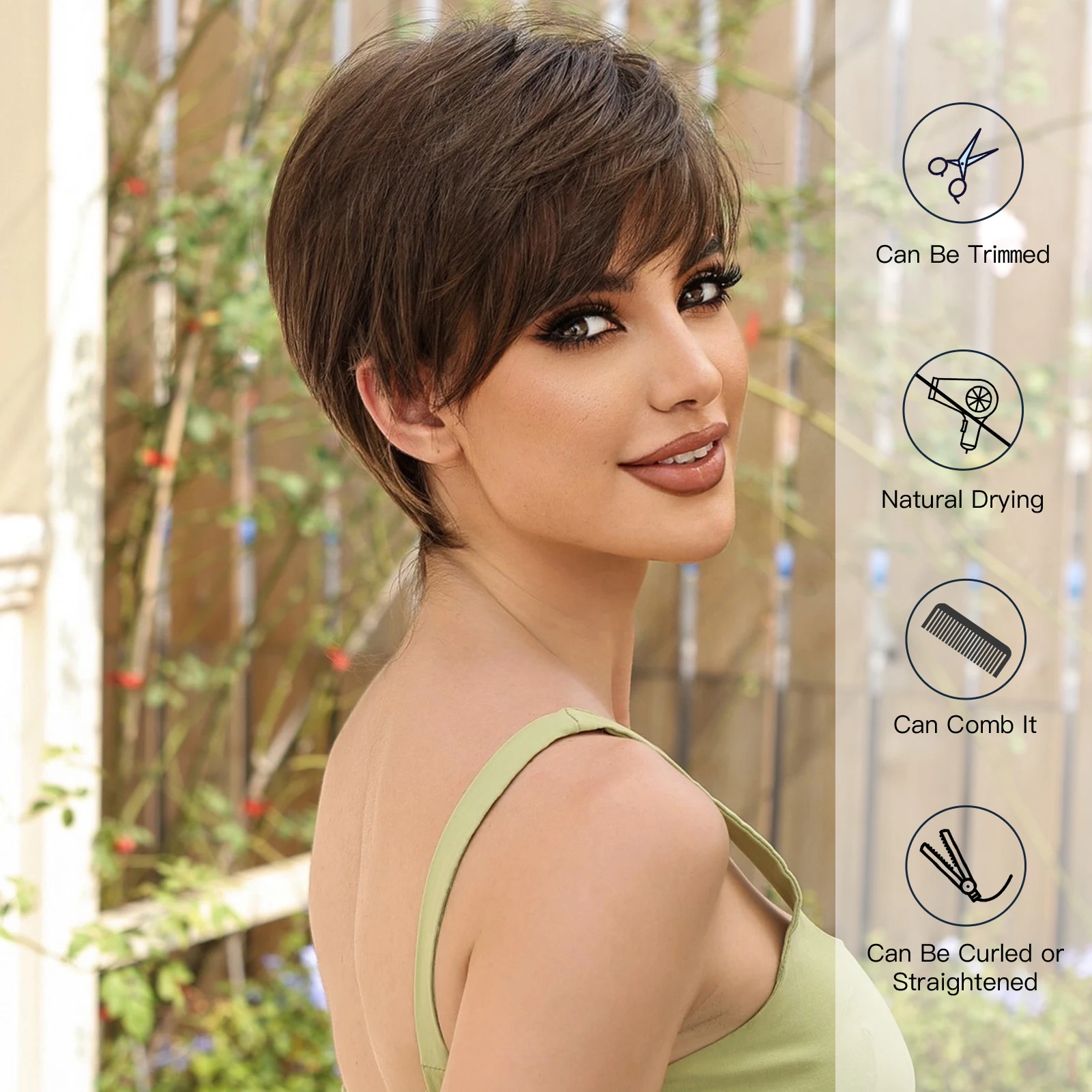 Dark Brown Pixie Cut Synthetic Wigs with Bangs Short Straight Layered Pixie Cut Wig for Women 6inches Wig Machine Made Wig Daily