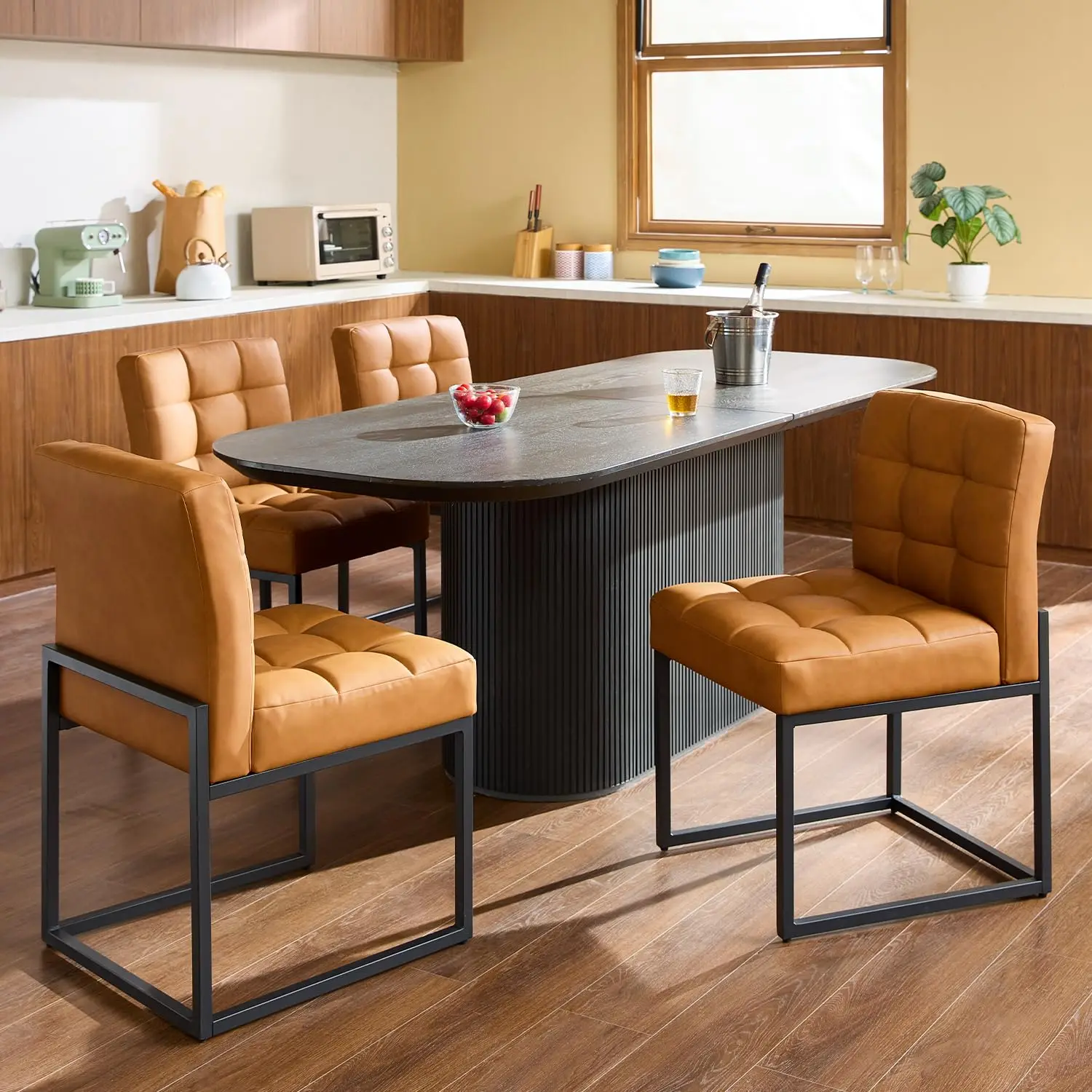 

Brown Faux Leather Dining Chairs Set of 4, Mid-Century Modern Dining Room Chairs with Armless, Checkered Kitchen Chair