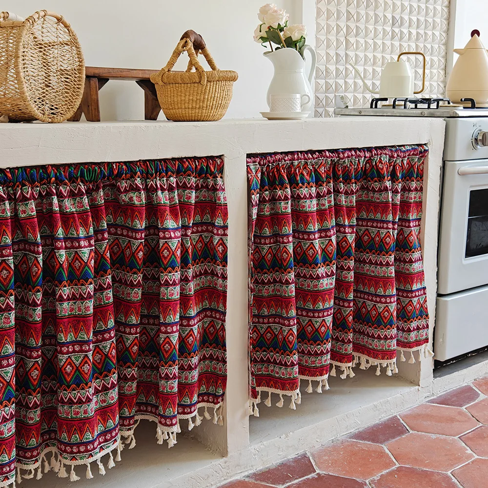 Boho Ethnic Kitchen Cabinet Cover Curtain No Drill Partition Door Curtain Household Cafe Homestay Decor Mini Window Curtain