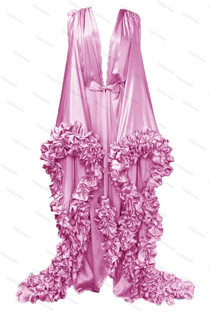 Maternity and Bridesmaid Satin Gowns with Ruffles, Soft Silk Sexy Robe Dresses