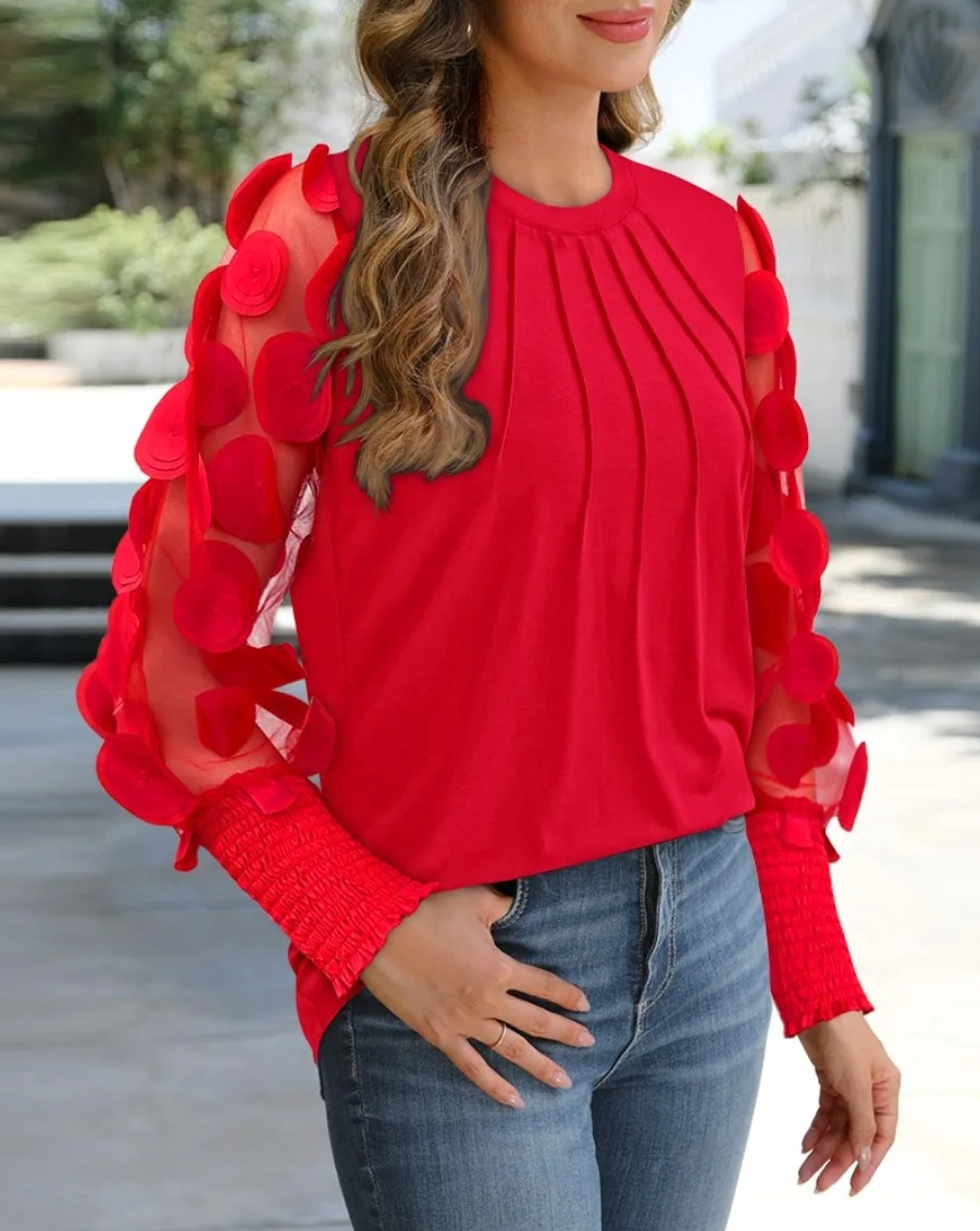 Bluse mit Rundhalsausschnitt und plissierter Vorderseite, 3D-Blumenmuster, langärmelig, mit gerafften Manschetten, elegant, für den Alltag, Partys, süß, lässig, Oberteil – Detail 9