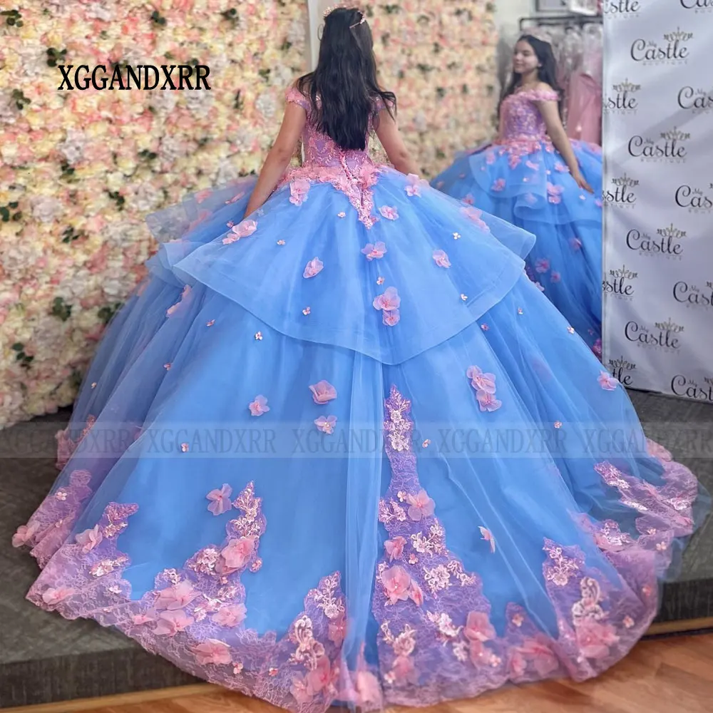 Customized Sky Blue Ball Gown Quinceanera Dress 2024 3D Floral Sweet 16 Dress Birthday Party Gown Princess Vestidos De 15 Años