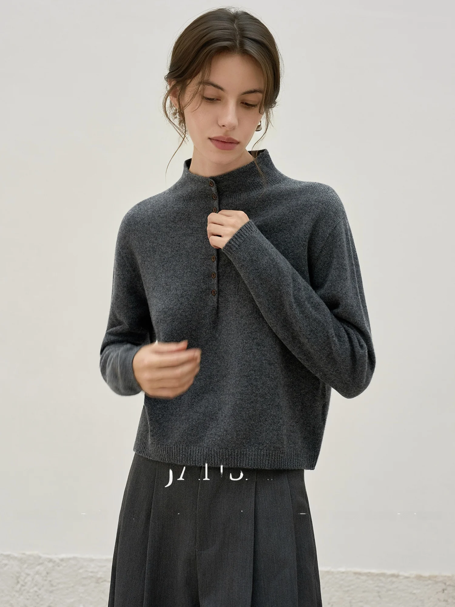 

Jansan Cozy Casual Women's Knitted Sweater Mixed Wool Blend Loose Fit High Ne Button Detail Long Sve Autumn Faion