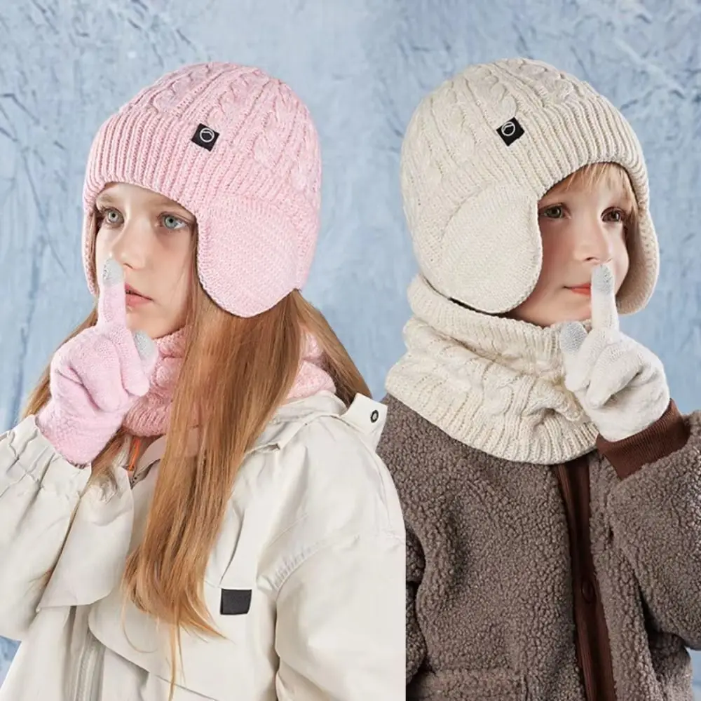 3Pcs/Set Soft Solid Color Hat Scarf Gloves Set Earflap Winter Pullover Hat Warm Thickened Ear Protection Caps Boy/Girl