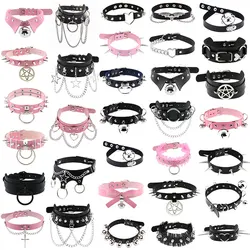 1Pc Harajuku Gothic Spike Rivet Star Necklaces Collares Hip Hop Rock Black Bowknot PU Lace Leather Sexy Y2K Girl Choker Jewelry