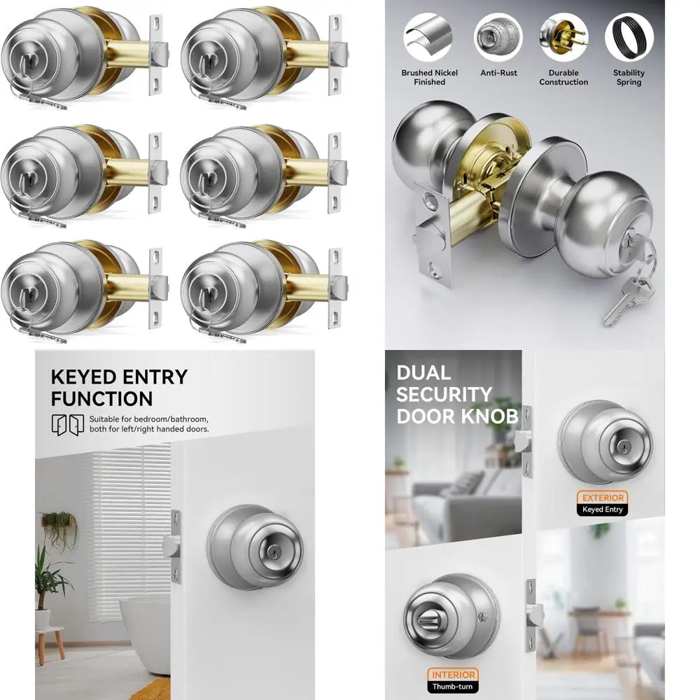 

Keyed Different Entry Door Knobs with 6-Pack, Brushed Nickel Finish, Suitable for Front Bedroom or Bathroom, Interior & Exterior