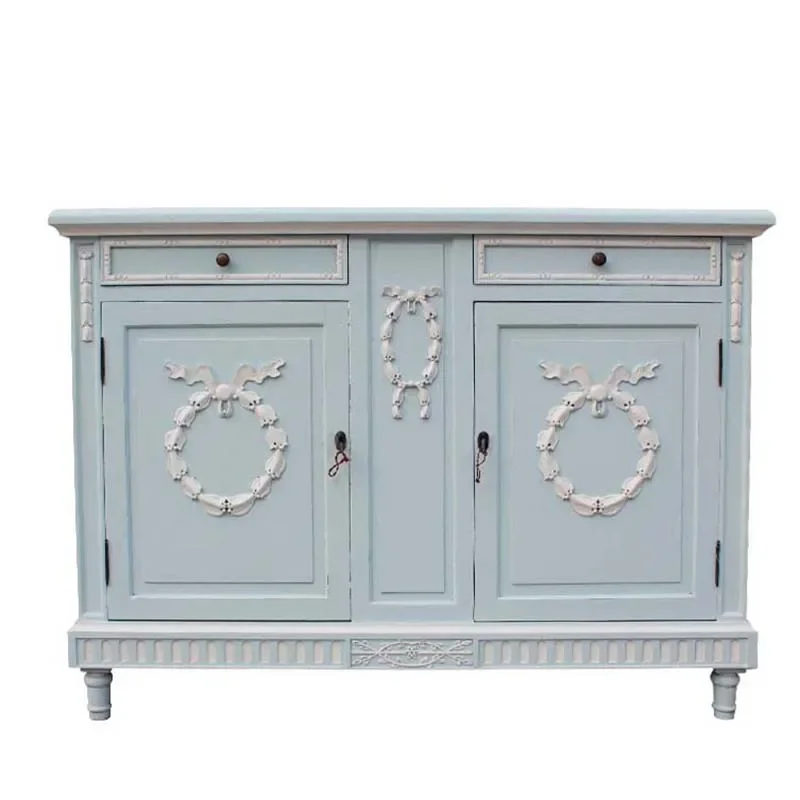 X American solid wood carving flower retro whitening porch cabinet TV cabinet Storage storage side cabinet