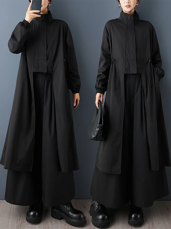 Authentic Dark Style Irregular Zipper Design Slimming Fashionable Windbreaker Coat Long Sleeve Stand Collar Mid-Length Coat