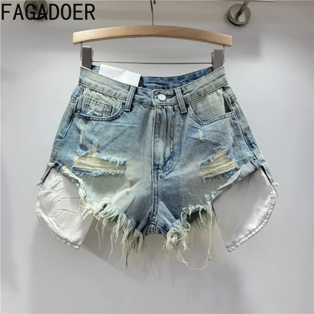 FAGADOER Fashion New Y2K Hole Denim Shorts Women High Waisted Button Hot Girl Jean Casual Female Solid Pocket Bottoms Clothing