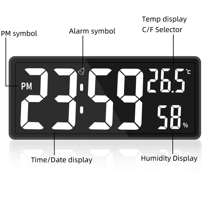 Large Digital Wall Clock Temperature and Humidity Display Night Mode Table Clock 3 Display Modes 12/24H Electronic LED Clock