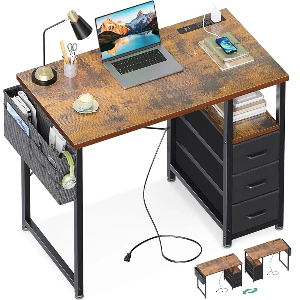 

32"" Small Computer Desk With Fabric Drawers And Charging Station, Kids Girls Teen Study Writing Desk For Bedroom, Home Office