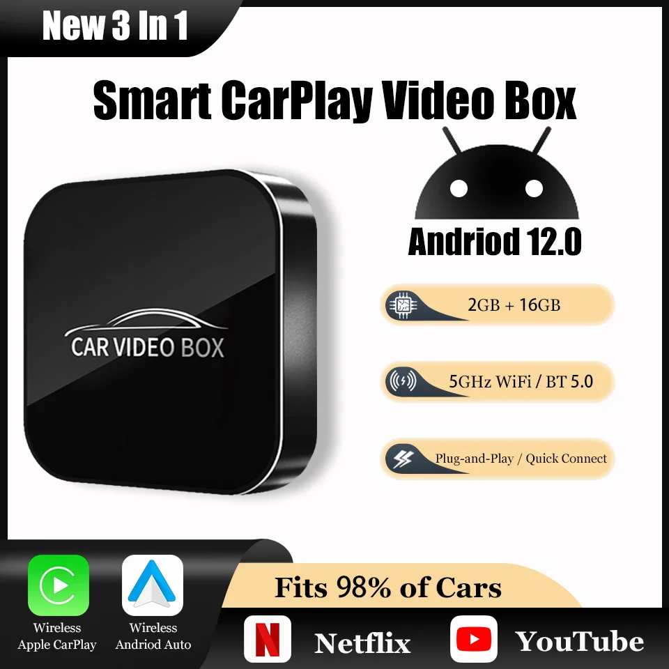 

New Andriod 12.0 Smart Video Box Android Auto & Apple Carplay 3-in-1 Wired to Wireless Multimedia Box Built-in Netflix YouTube