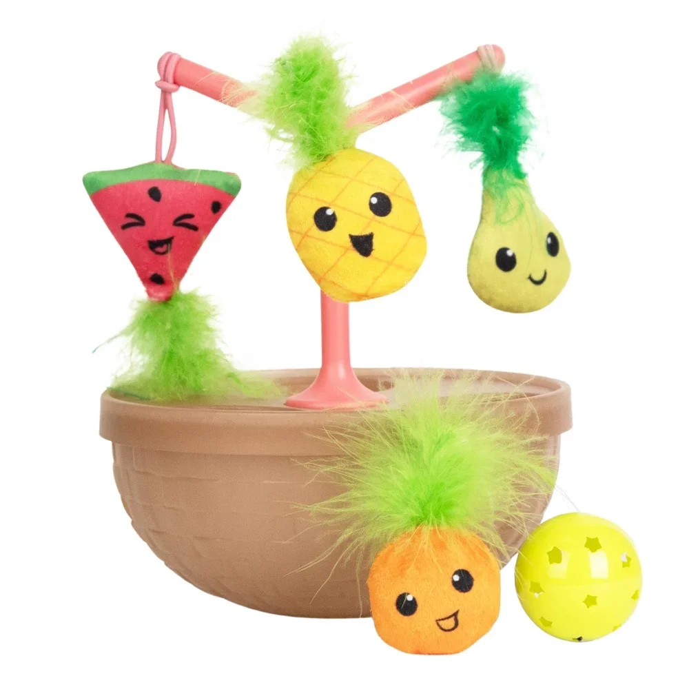 

Интерактивная игрушка-кормушка для кошек Wobbling Cat Toy Fruit Bowl с 5 игрушками с кошачьей мятой, плюшевыми мячиками-попрыгунчиками и мячиками-погремушками для развлечения кошек в помещении