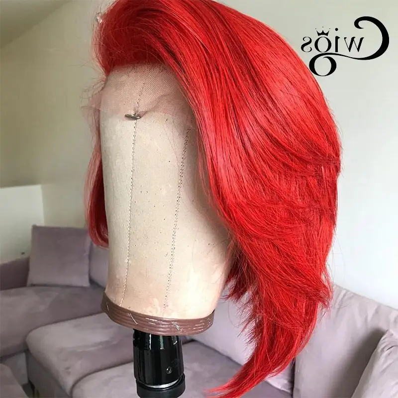 Pendek Pixie Dipotong Lurus Biru Pirang Warna Merah Tanpa Lem Sintetis 13X4 Wig Renda Depan untuk Wanita Hitam Tarik Ratu Cosplay Harian