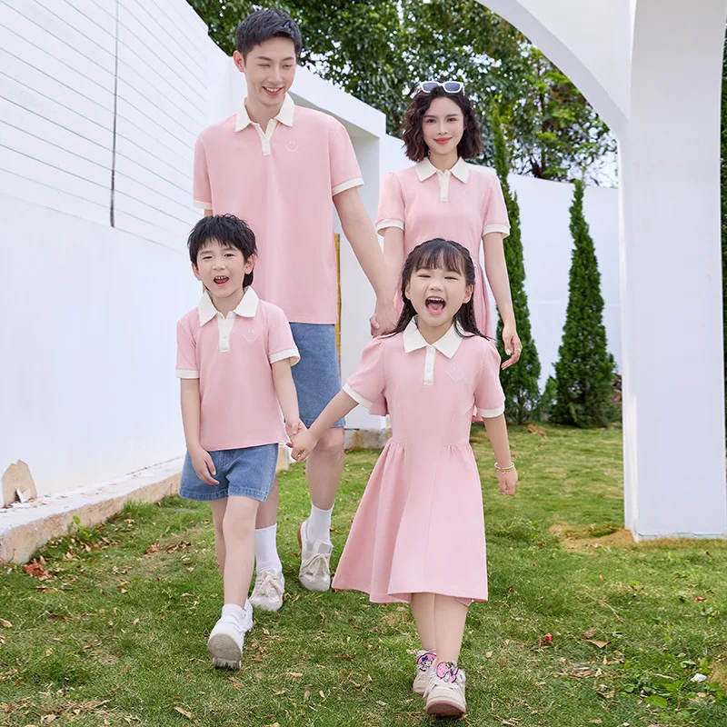 Family Couple Matching Pink Outfits Parent-child Sister Brother Clothes Father and Son Polo Shirts Mother and Daughter Dresses