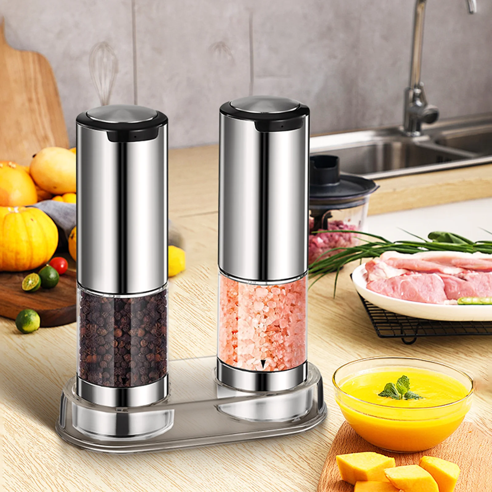 

2Pcs Automatic Pepper Grinder Set Rechargeable Stainless Steel Kitchen Prep Tool Ceramic Cores Fine to Coarse Grinding 95ml
