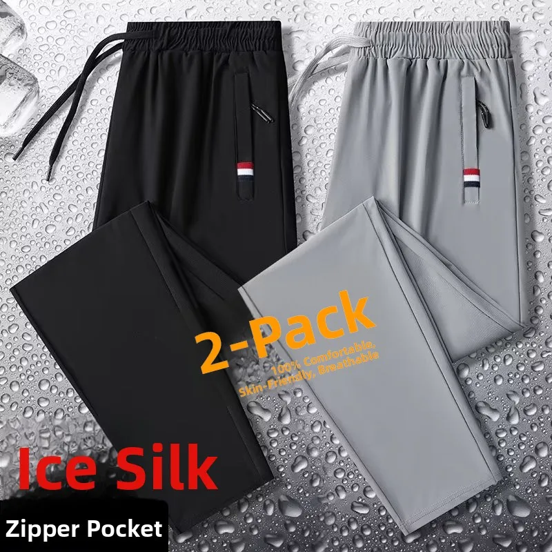New 2026 Women's Ice Silk Thin Casual Pants Elastic Sports Quick Dry Straight Leg Cuffed Leisure Trousers Korean Style Commute