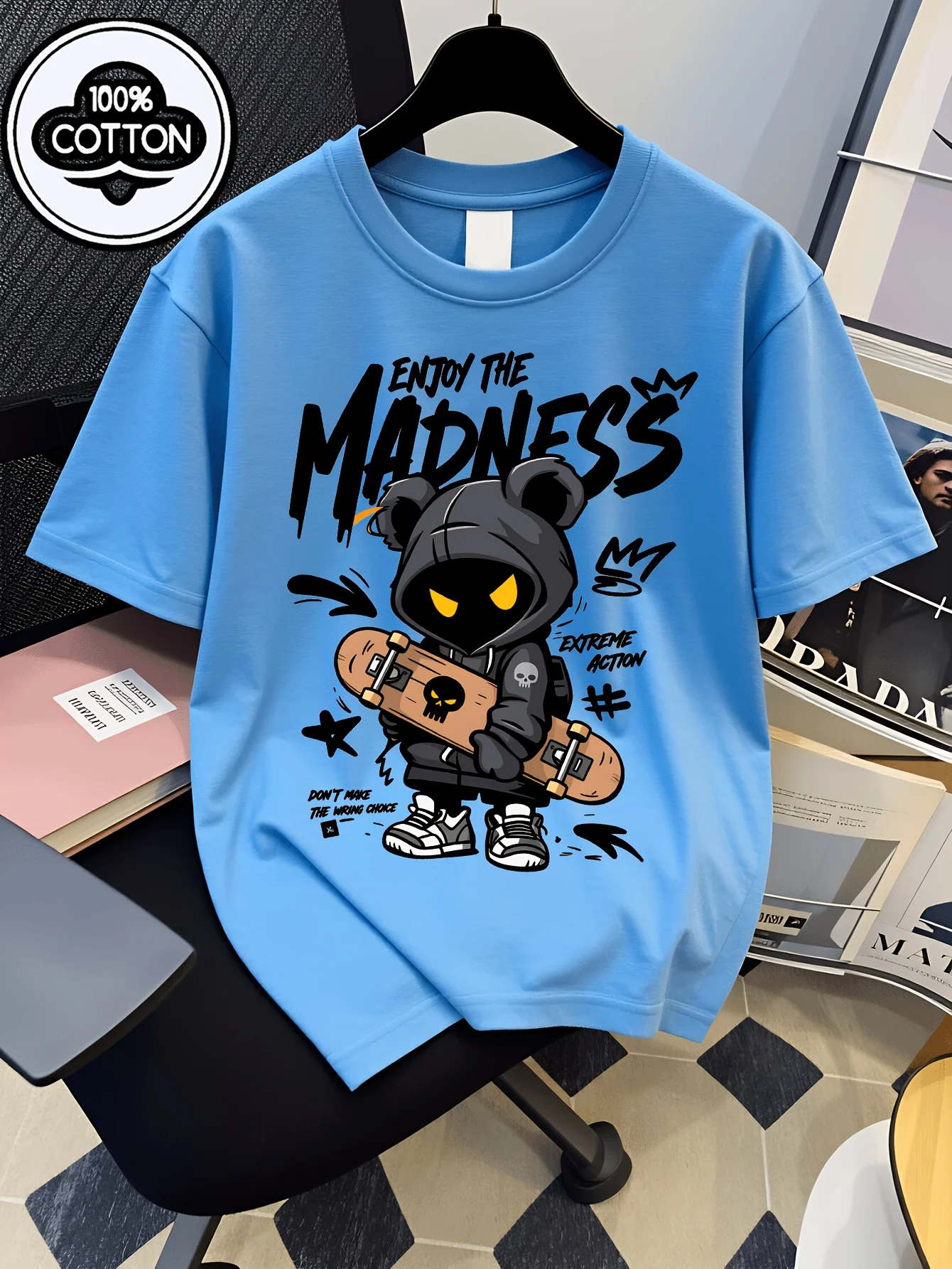 Children's Fashion Skateboarding Bear Extreme Sports Printed T-shirt Fun Fashion Design Game Date Wearing