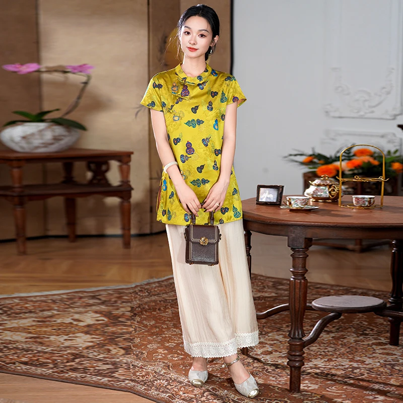 بلوزة نسائية صينية خفيفة الوزن - قميص بأكمام قصيرة وطبعة زهور عتيقة، قميص صيفي مريح وجيد التهوية