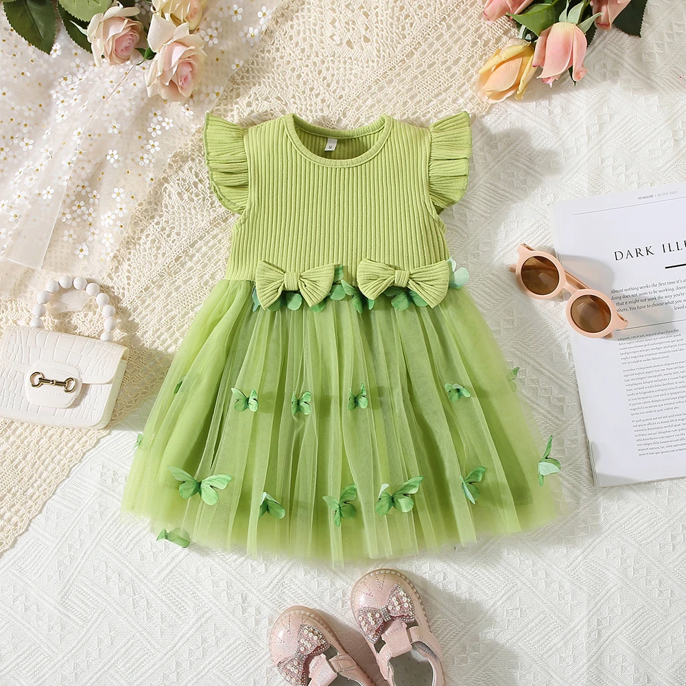 Summer New Waist Two Bow Tie Mesh Gauze Skirt Girl's Flying Sleeves Knitted Pit Stripe Small Skirt Spliced Dress