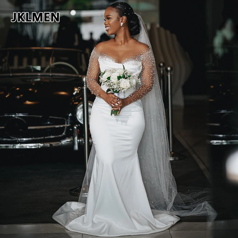 African Luxury Wedding Dress Pearls Long Sleeves White Satin Wedding Gowns for Women 2026 Bride Mermaid/Trumpet Bridal Dresses