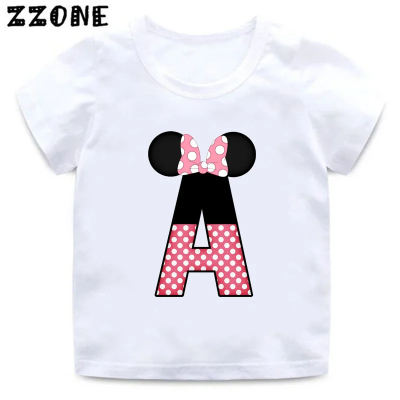 Hot Sale Kids T-Shirts Pink Mouse Name Letter 26 Alphabet Print Girls Clothes Cartoon Funny Children T shirt Baby Tops,HKP2464