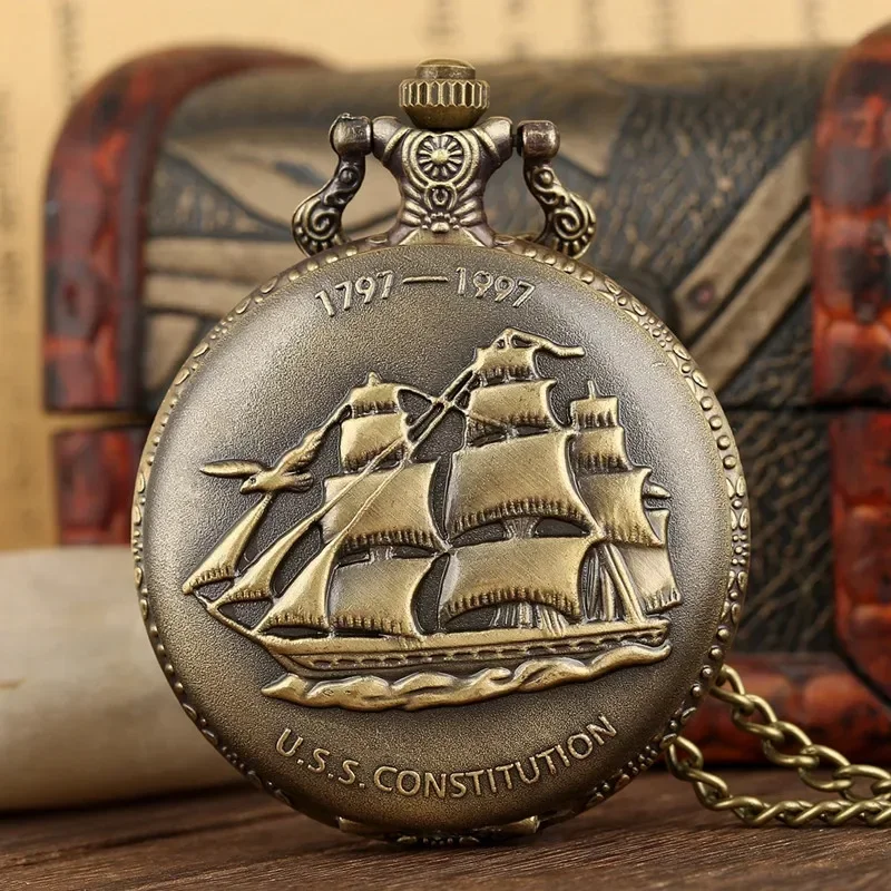 

Vintage Carved Sailing Canva Boat Necklace Chain Quartz Pocket Watch with Arabic Number Dial Retro Clock for Men Women Timepiece