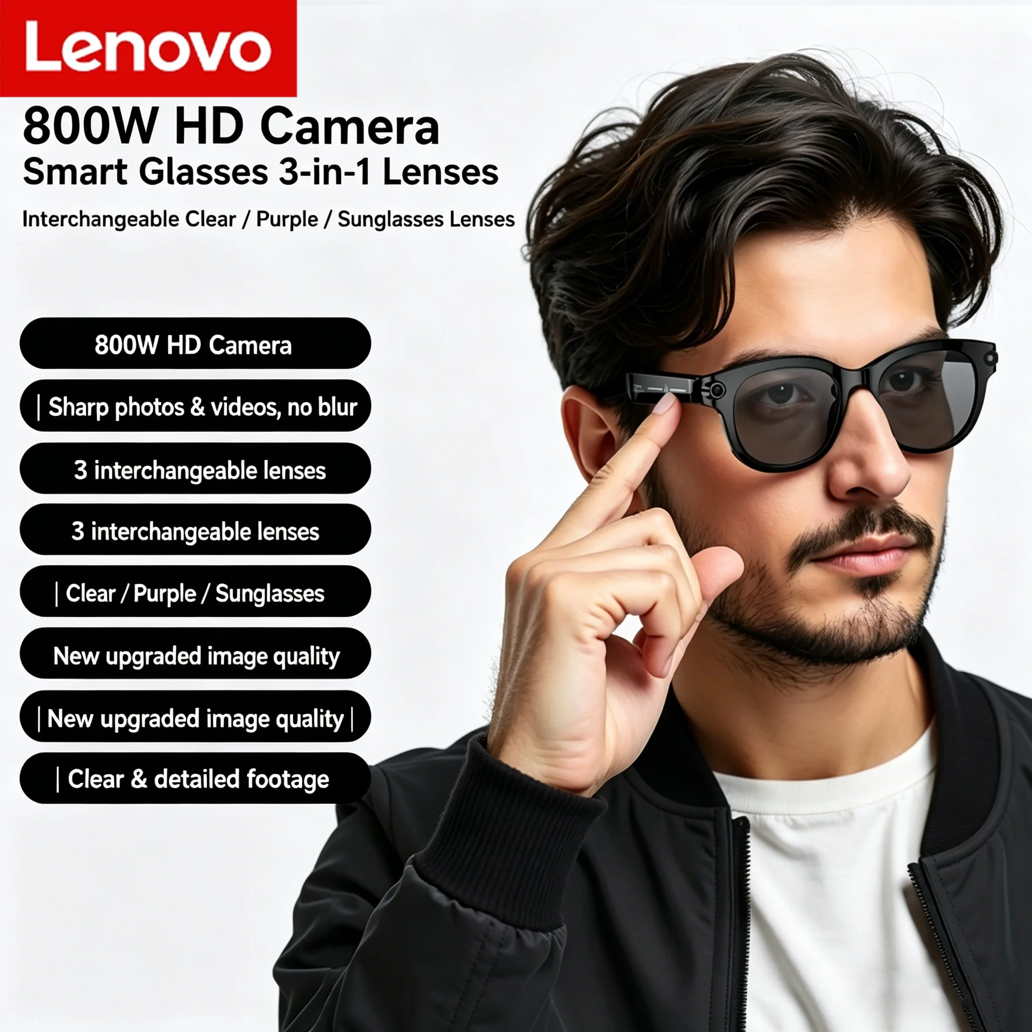 

Lenovo 4K Shooting 8MP HD Camera 3-in-1 Lenses Smart Glasses AI Translation Image Conversation Recording Listening To Music 2026