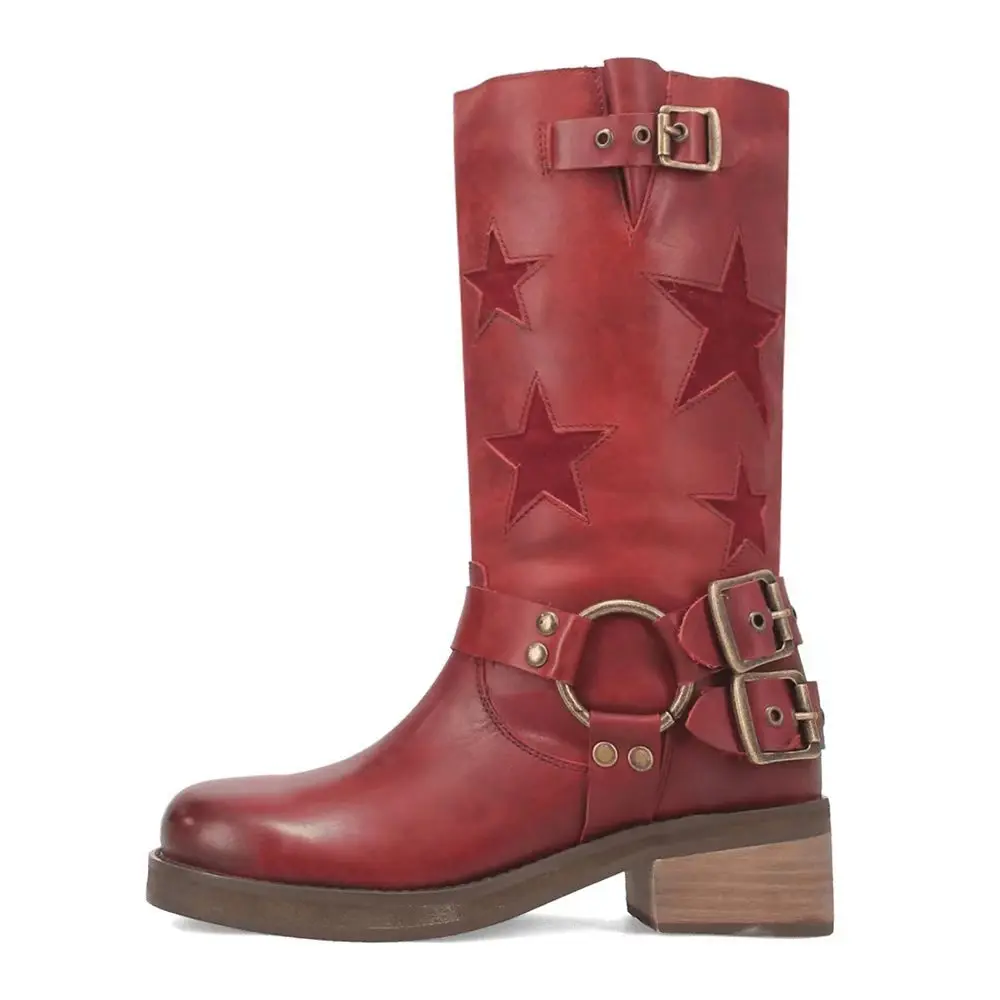 

Soft Leather Square Toe Western Cowboy Boots Star Stitching Mid-Calf Botines Belt Buckle Low-Heeled Slip-On Fashion Botas