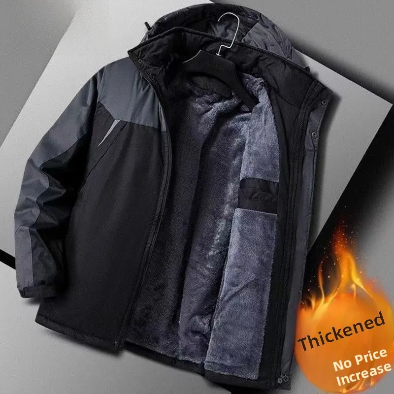 Thickened Fleece Winter Jacket Men's Cotton Workwear Coat Warm Polyester Fiber Hooded Casual Style plus Size Spring Autumn