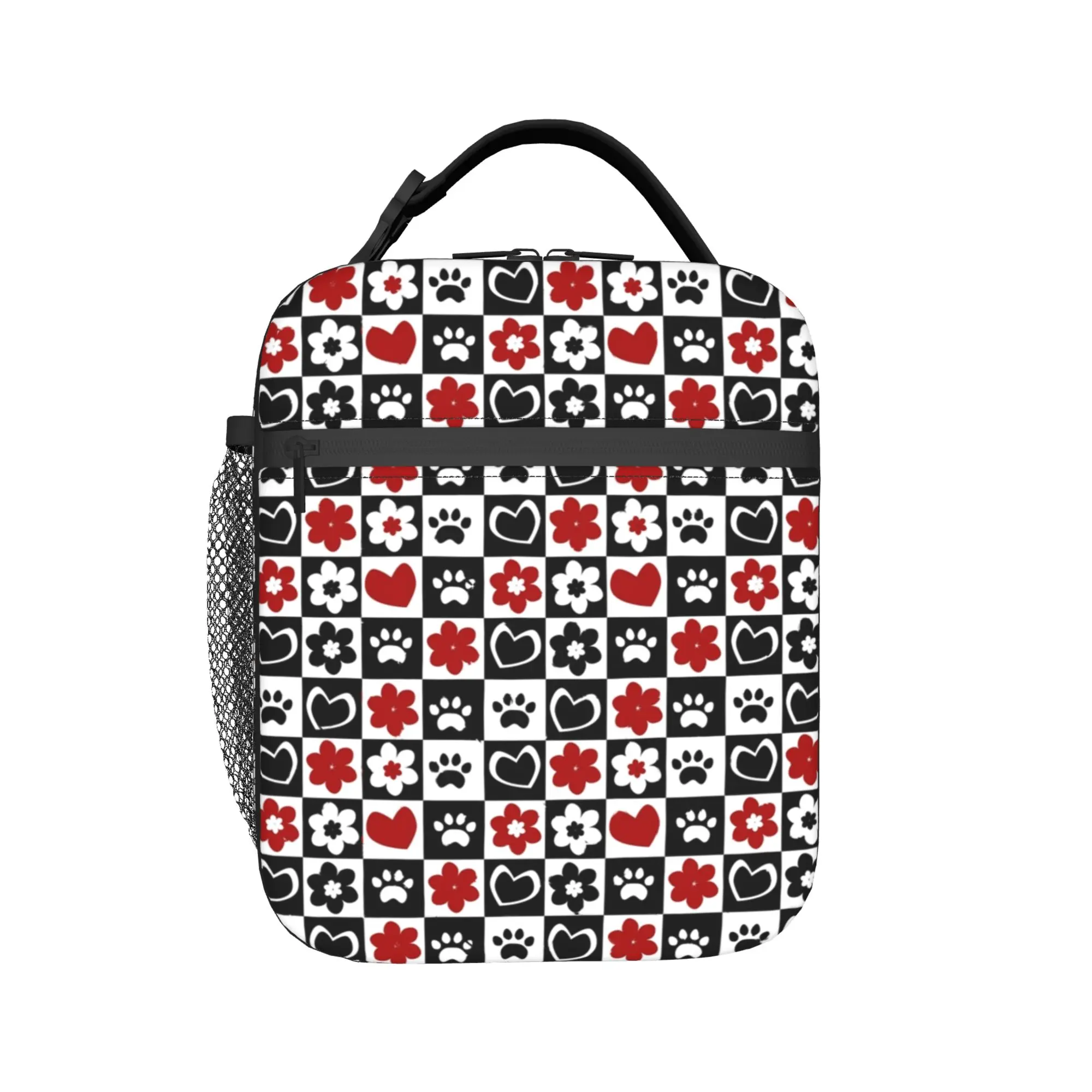 Chessboard Beautiful Flowers Hearts Cat Footprint Lunch Bag  Travel Lunch Box For Men Thermal Lunch Bags Portable Cooler Bag