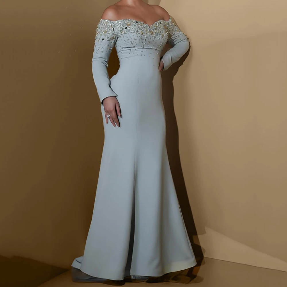 

Customized A-line Evening Dresses Floor-length Off The Shoulder Full Sleeve Prom Gown Fashion Sequined Crystal Draped Party Gown