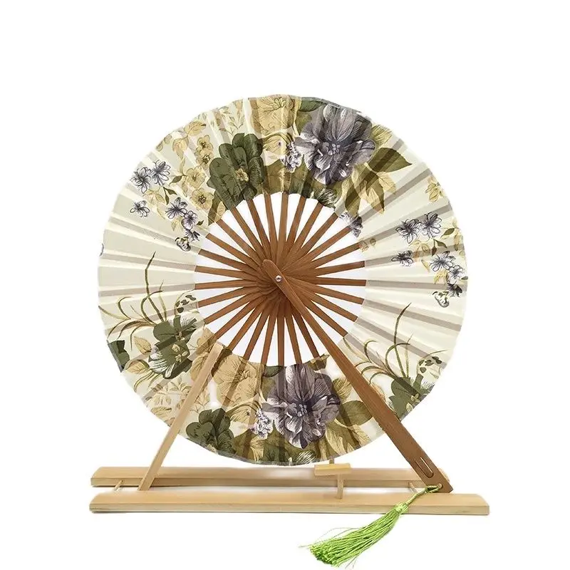 Round Bamboo Hand Fan Chinese Style Flower Pattern Portable Folding Fan Wedding Dance Hand Held Fans Wedding Party Decor Gift