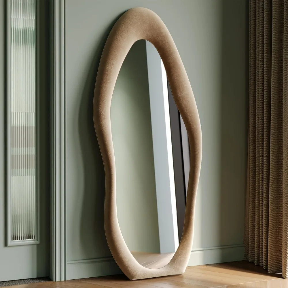 Full Length Mirror, 63" x 24" Wall Mirror, Flannel Wrapped Wooden Frame Floor Mirror, Irregular Wavy Mirror Hanging