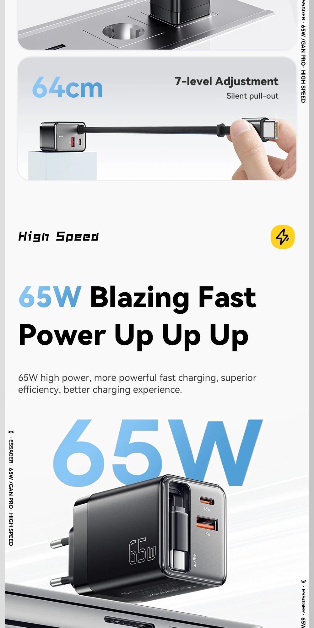 Essager 65W USB-Ladegerät mit Schnellladefunktion und Integriertem Einziehbarem Typ-C-Kabel für Laptops iPhone 16 15 14 Typ-C Reiseladegerät – Detail 4