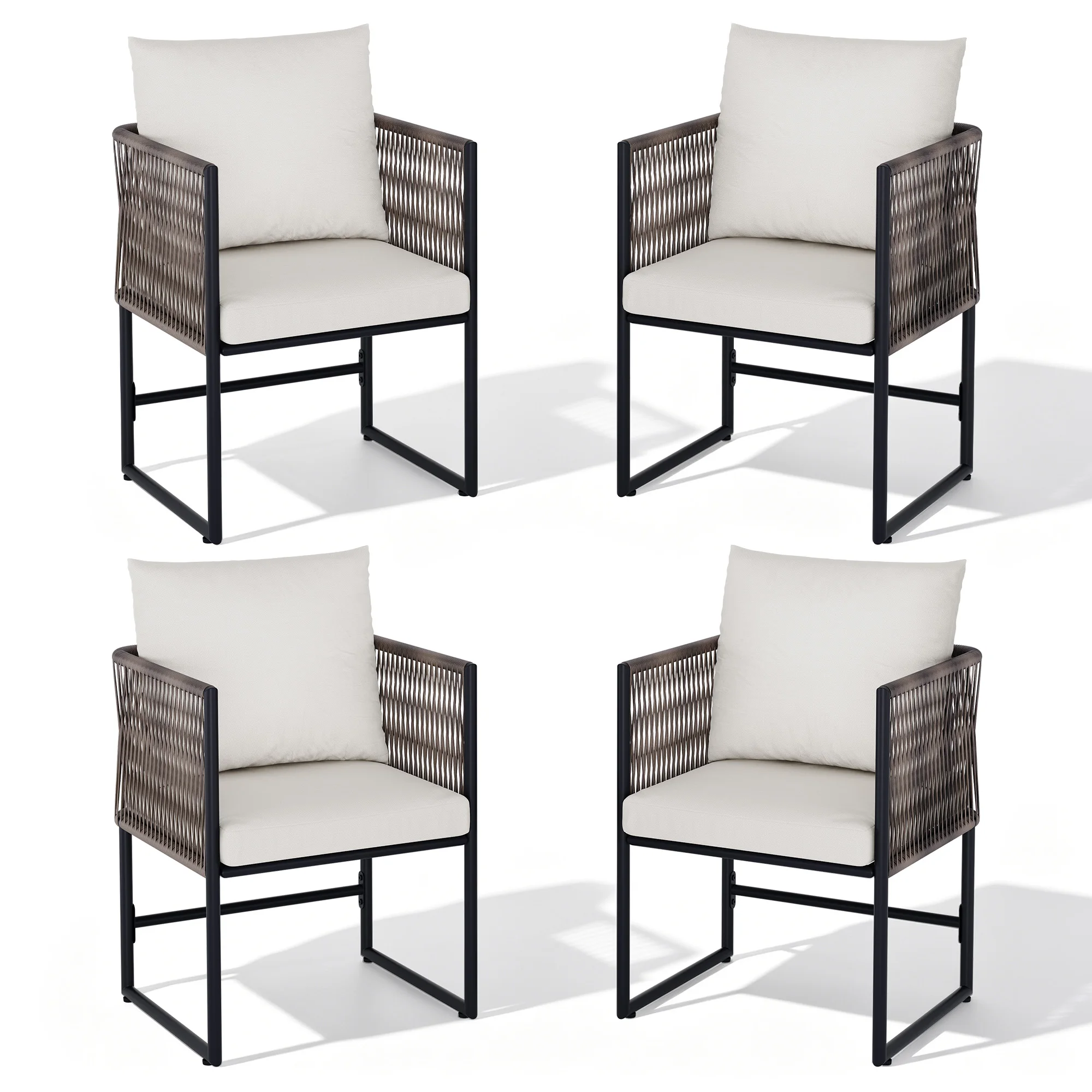 Durable PE Rattan Outdoor Dining Chairs Set of 2/4 - Cushioned Patio Dining Seating - Heavy-Duty Metal Frame for Garden, Balcony - Beige/Black