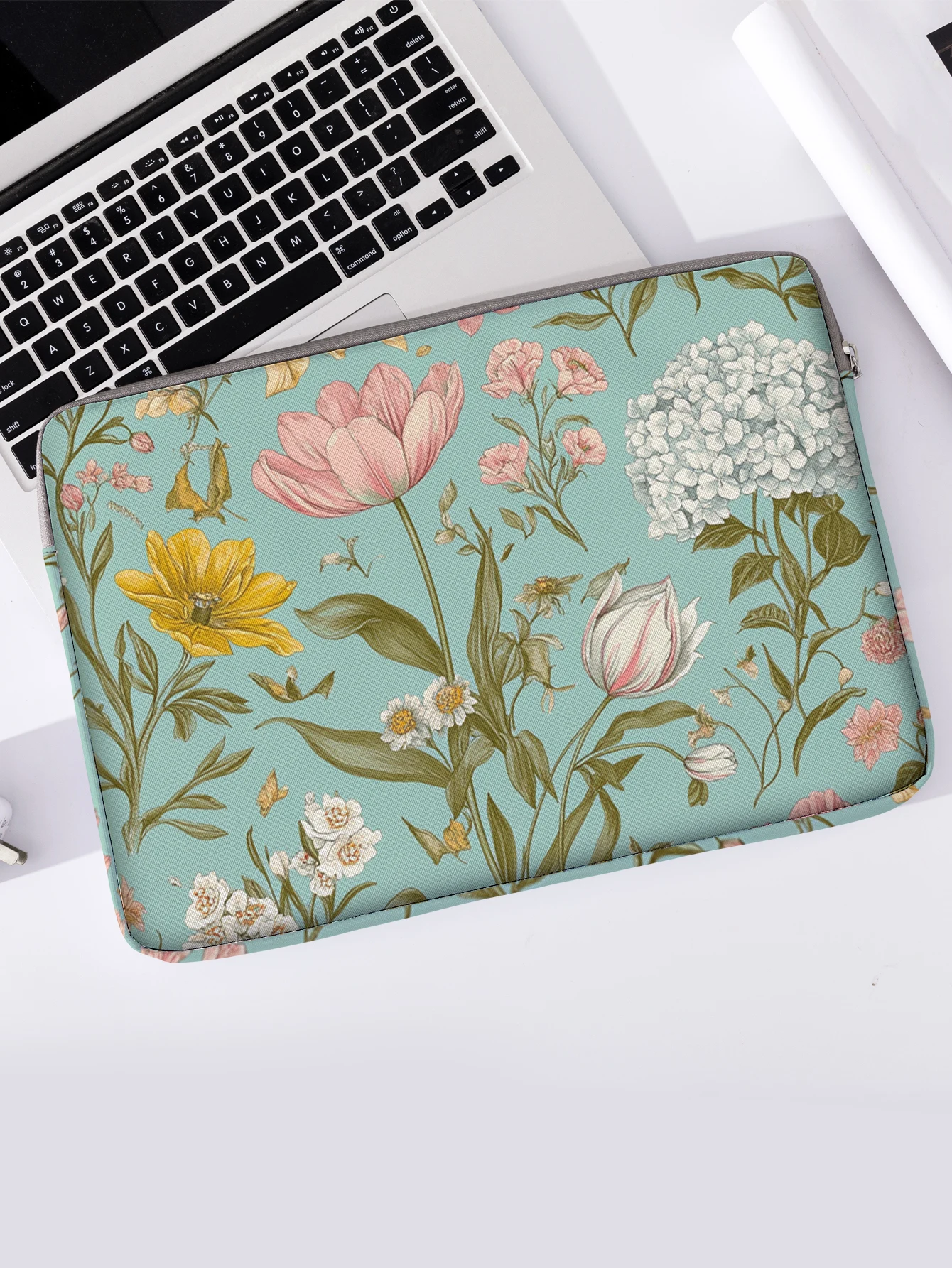 One Set, Two Styles, Floral Pattern Printed Laptop Sleeve, Briefcase, Suitable for 14-inch Laptops