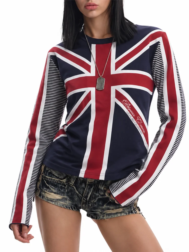 Spring Autumn  Unisex Preppy Vintage Union Jack Flag Print Striped Patchwork Crew Neck Slim Casual Long Sleeve T shirt