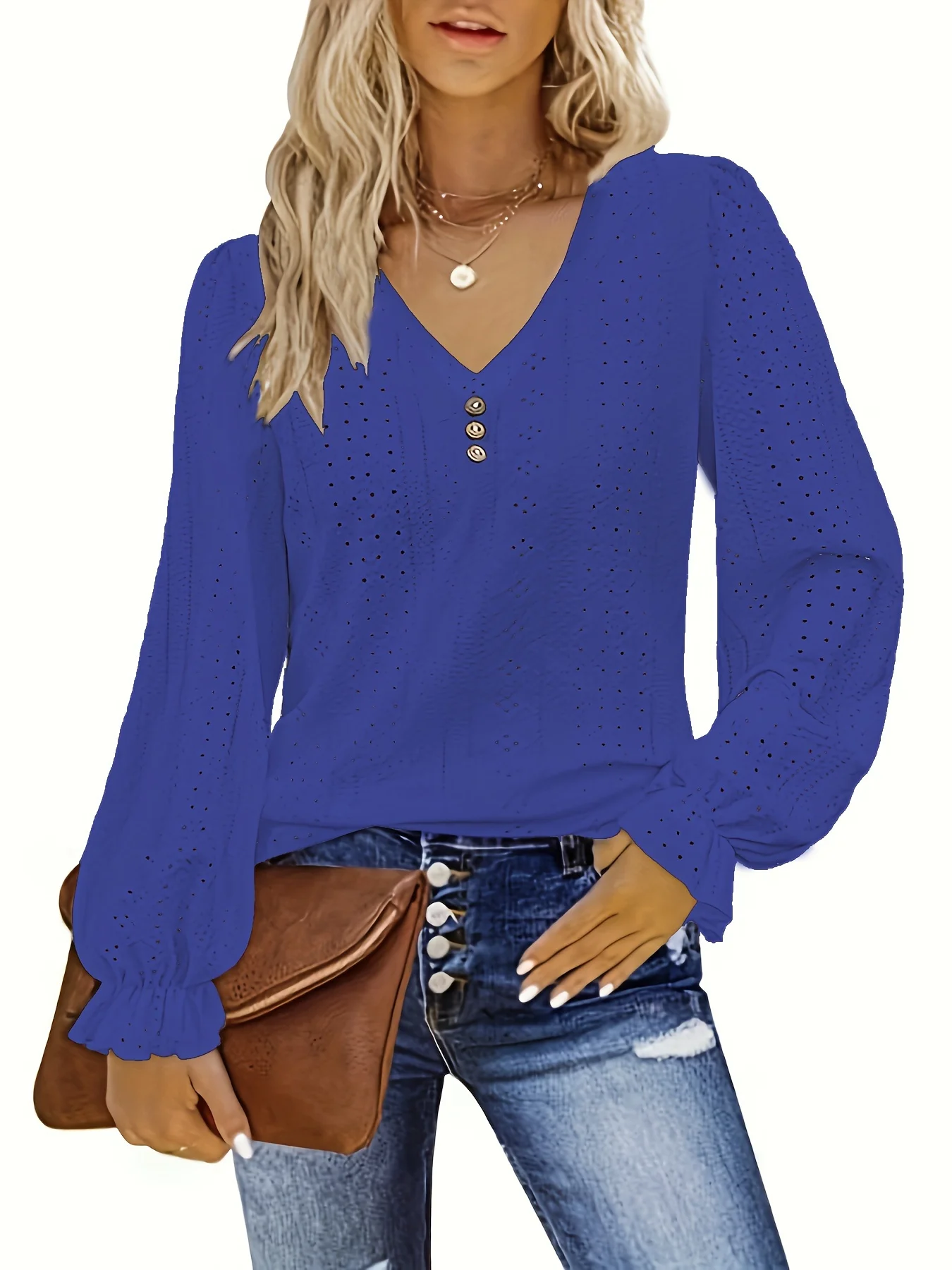 Plus Size T-Shirt mit Ösenknopf-Dekor, lässiges V-Ausschnitt-Langarm-Top für Frühling und Herbst, Damen-Kleidung in Übergröße – Detail 26