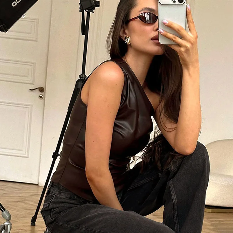 2024 Fall Snd Winter New Pure Color Slim Sleeveless One-Shoulder Slanting Collar Zipper Show Thin Jacket