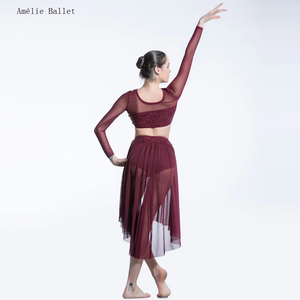19600 Burgundy Sequin Lace Mesh Sleeves Top with Mesh Skirts Dancewear Ballet Costumes Lyrical & Contemporay Ballet Wear