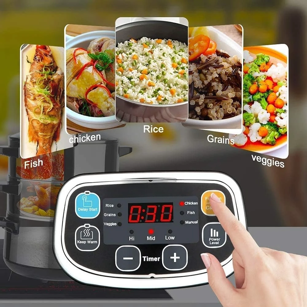 جهاز بخار كهربائي، سلة خضروات مزدوجة قابلة للتكديس مع مؤقت