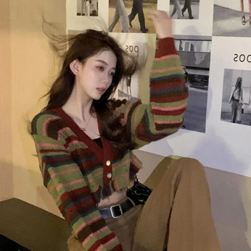 Women Cardigan Vintage Chic Color Collision Striped Tie Knit Cardigan Spring and Autumn Short V-neck Sweater Cardigan Female